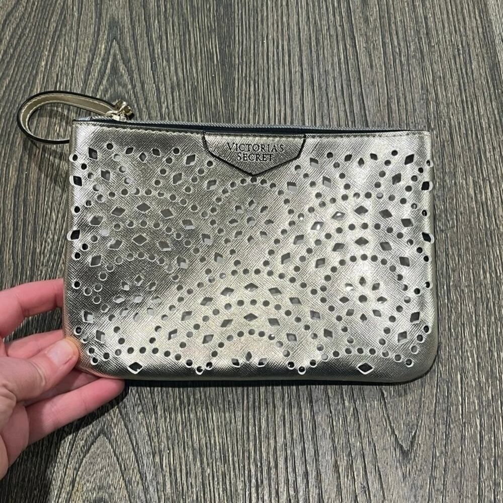 Victoria's Secret Wristlet Bag Makeup Cosmetics Zipper Closure Perforated Gold
